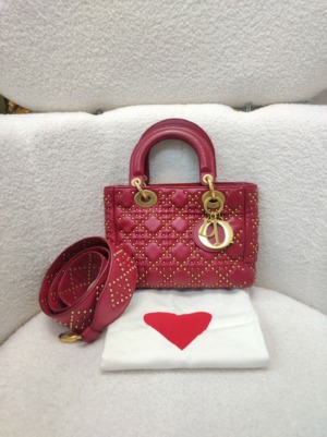 Christian Dior Red Small Limited Edition Studded Small Bag 25-MA-0137 with Longstrap,dustbag,box