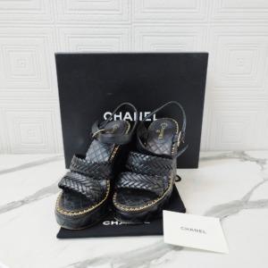 Chanel Black Calfskin Wedge Sandal
