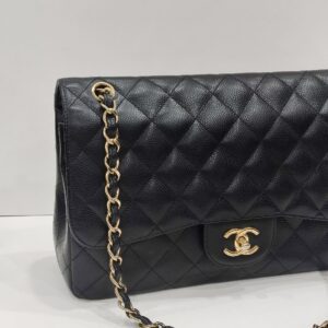 chanel double flap jumbo caviar leather black ghw series 18