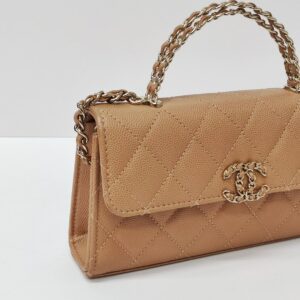 chanel kelly clutch top handle tan caviar microchipped