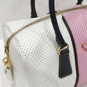 prada white/pink perforated boston bag