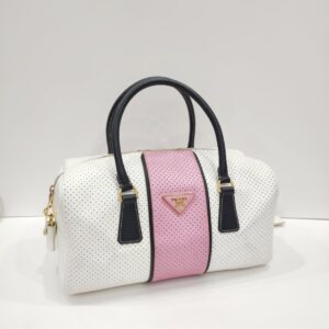 prada white/pink perforated boston bag