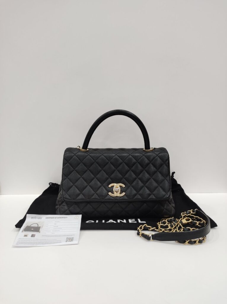 chanel coco handle medium black caviar leather ghw series 25
