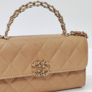 chanel kelly clutch top handle tan caviar microchipped