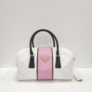 prada white/pink perforated boston bag
