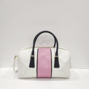 prada white/pink perforated boston bag