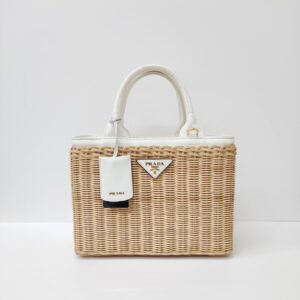 prada medium wicker and linen blend tote bag