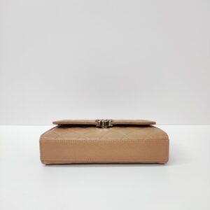 chanel kelly clutch top handle tan caviar microchipped