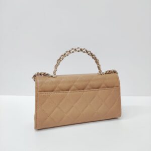 chanel kelly clutch top handle tan caviar microchipped
