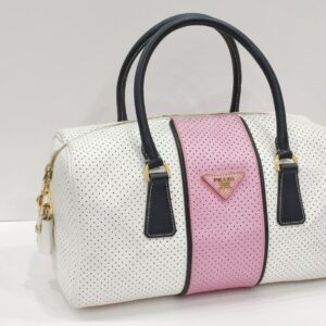prada white/pink perforated boston bag