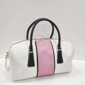 prada white/pink perforated boston bag