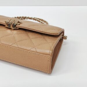 chanel kelly clutch top handle tan caviar microchipped