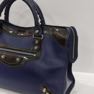 balenciaga city motorcyle dark blue/black glossy leather