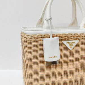 prada medium wicker and linen blend tote bag
