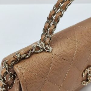 chanel kelly clutch top handle tan caviar microchipped