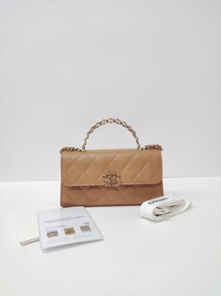 chanel kelly clutch top handle tan caviar microchipped
