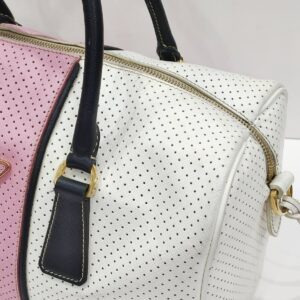 prada white/pink perforated boston bag