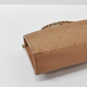 chanel kelly clutch top handle tan caviar microchipped