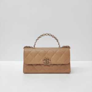 chanel kelly clutch top handle tan caviar microchipped