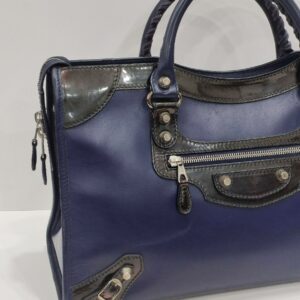 balenciaga city motorcyle dark blue/black glossy leather