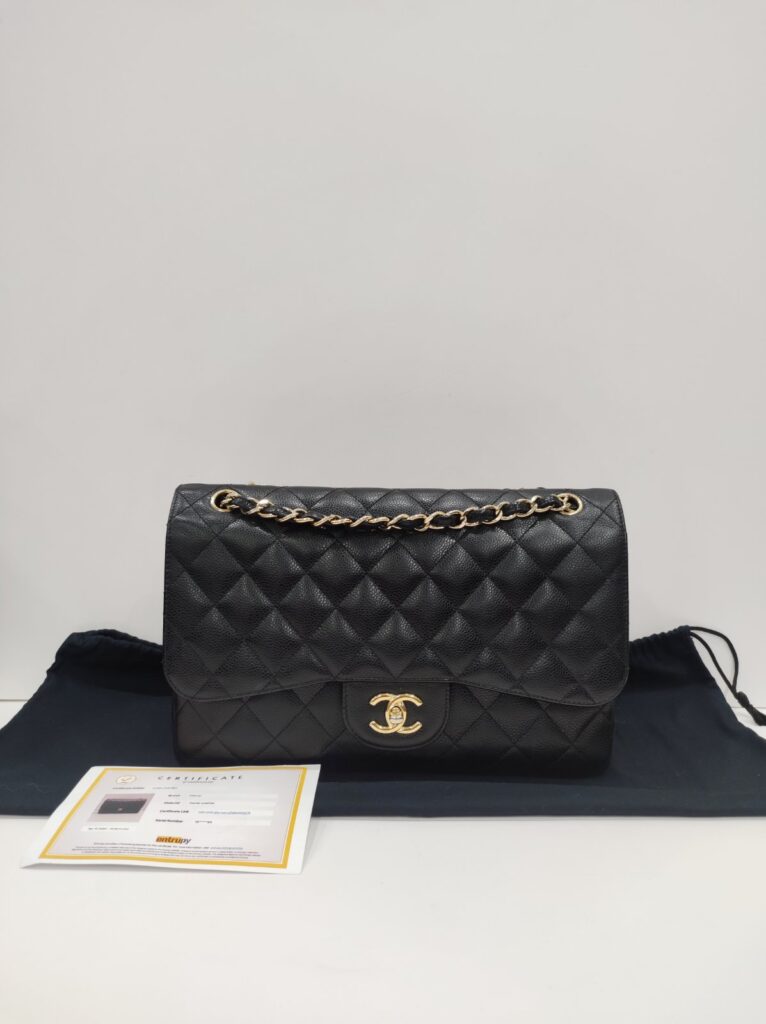 chanel double flap jumbo caviar leather black ghw series 18