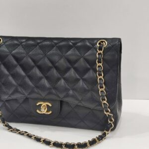 chanel double flap jumbo caviar leather black ghw series 18