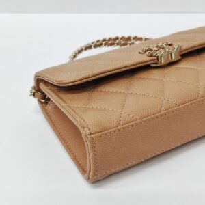 chanel kelly clutch top handle tan caviar microchipped