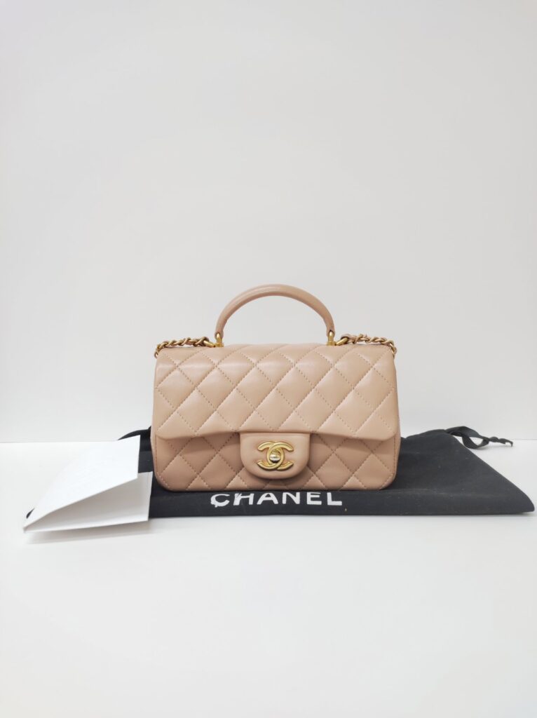 chanel mini rec top handle beige 21a lambskin ghw microchipped