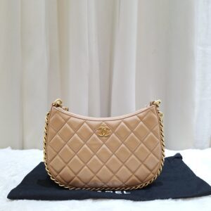 Home chanel shiny lambskin hobo bag dark beige ghw microchipped