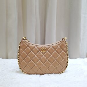 chanel shiny lambskin hobo bag dark beige ghw microchipped