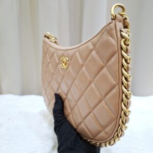 chanel shiny lambskin hobo bag dark beige ghw microchipped