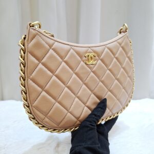 chanel shiny lambskin hobo bag dark beige ghw microchipped