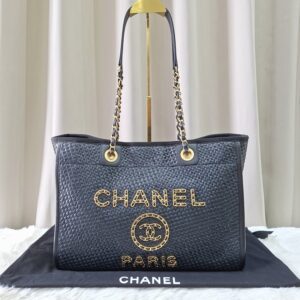 Chanel Straw Raffia Calfskin Chain Deauville Tote Bag Black GHW