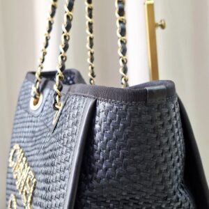 Chanel Straw Raffia Calfskin Chain Deauville Tote Bag Black GHW