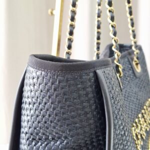 Chanel Straw Raffia Calfskin Chain Deauville Tote Bag Black GHW
