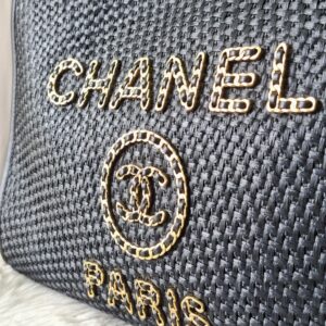 Chanel Straw Raffia Calfskin Chain Deauville Tote Bag Black GHW