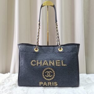 Chanel Straw Raffia Calfskin Chain Deauville Tote Bag Black GHW