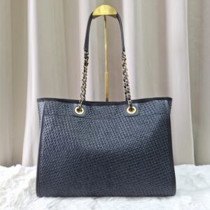 Chanel Straw Raffia Calfskin Chain Deauville Tote Bag Black GHW