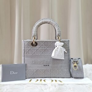 Christian Medium Lady D-Lite Bag Gray Cannage Embroidered Canvas