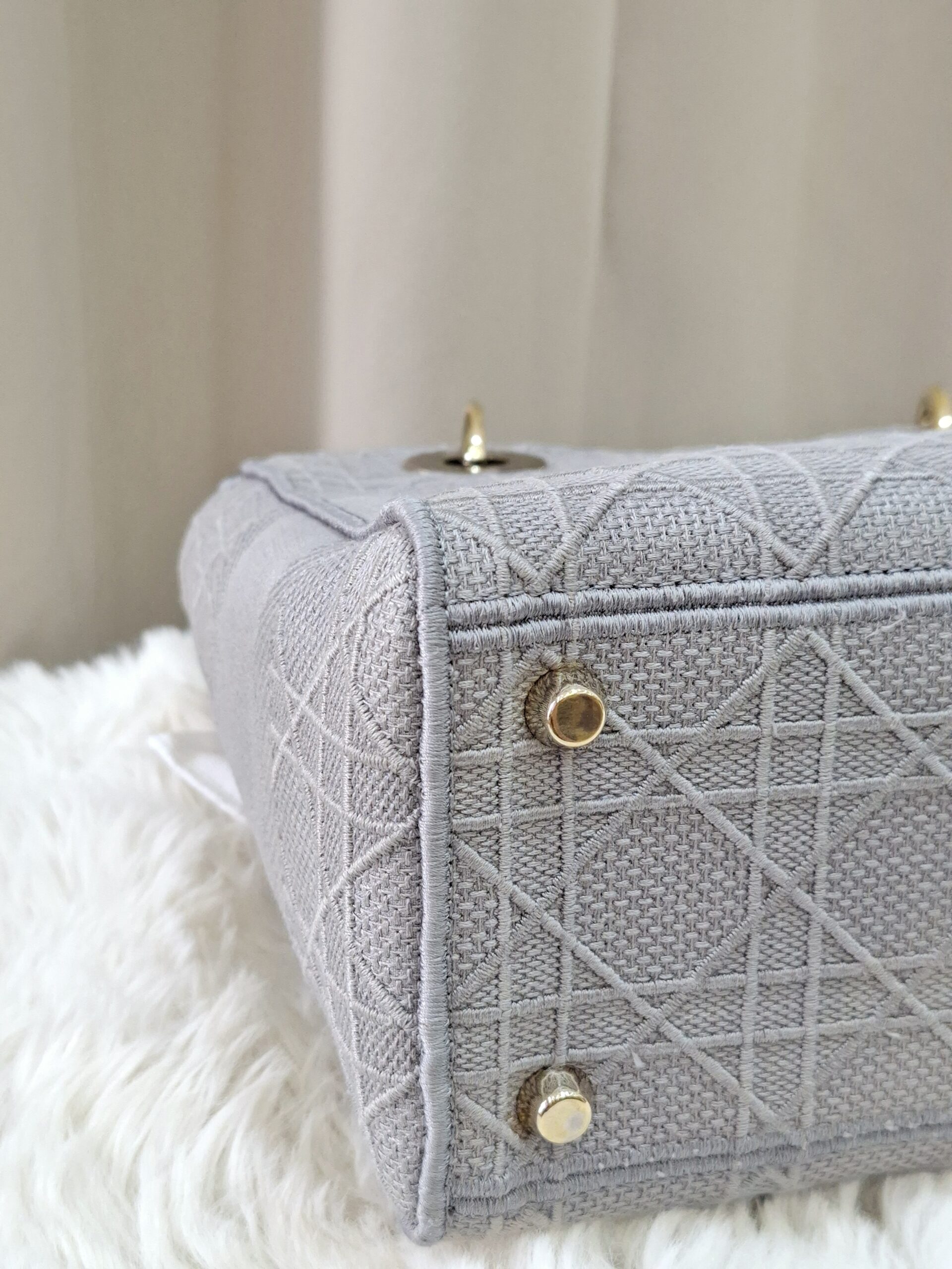 Christian Medium Lady D-Lite Bag Gray Cannage Embroidered Canvas Christian Medium Lady D-Lite Bag Gray Cannage Embroidered Canvas