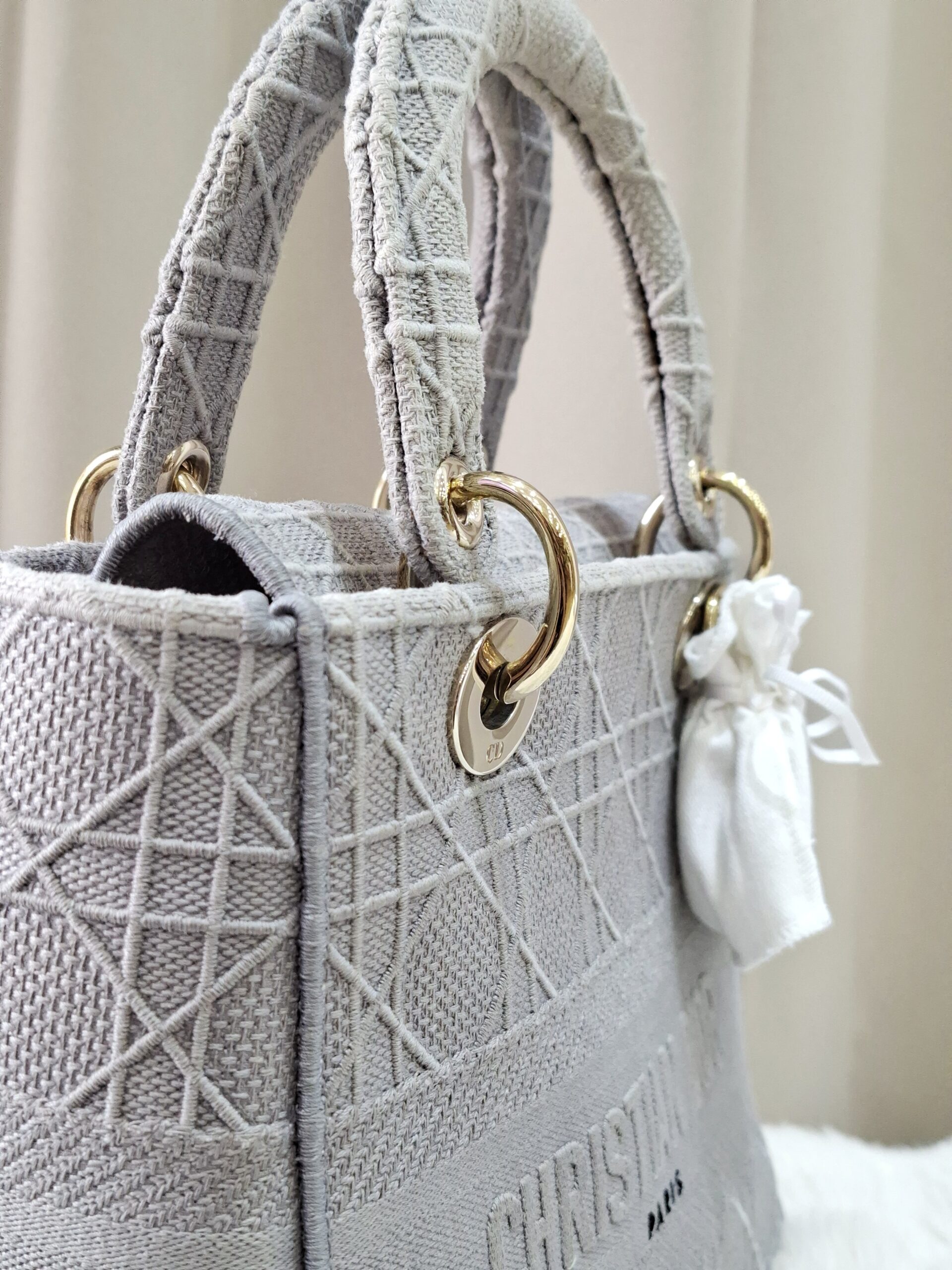 Christian Medium Lady D-Lite Bag Gray Cannage Embroidered Canvas Christian Medium Lady D-Lite Bag Gray Cannage Embroidered Canvas