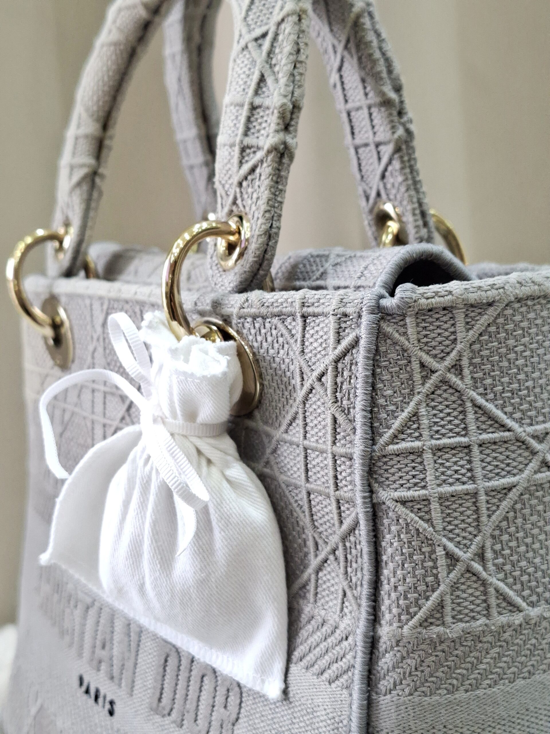 Christian Medium Lady D-Lite Bag Gray Cannage Embroidered Canvas Christian Medium Lady D-Lite Bag Gray Cannage Embroidered Canvas