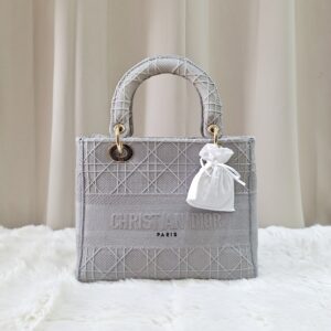 Christian Medium Lady D-Lite Bag Gray Cannage Embroidered Canvas