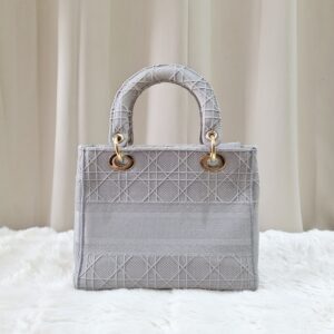 Christian Medium Lady D-Lite Bag Gray Cannage Embroidered Canvas