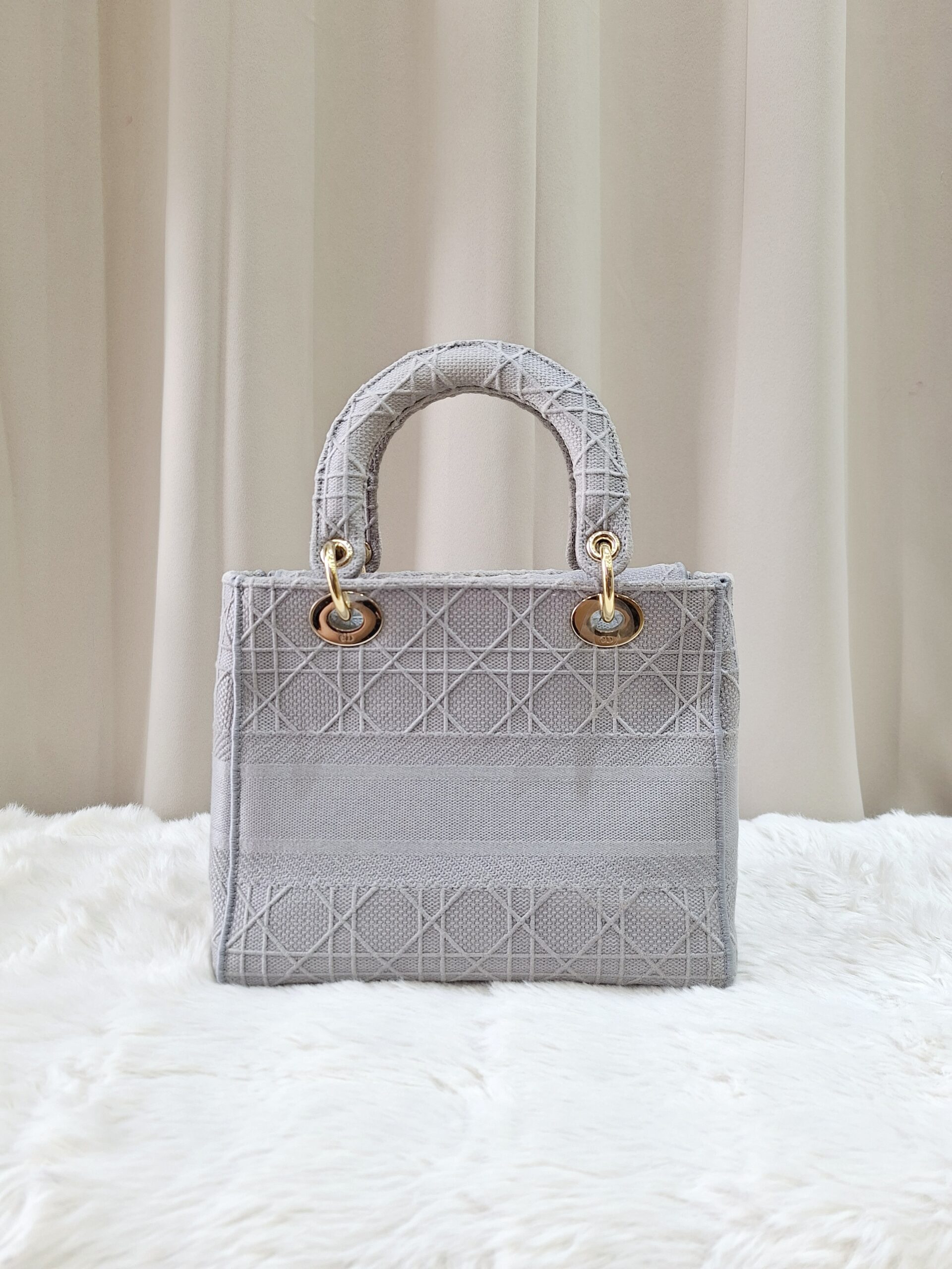 Christian Medium Lady D-Lite Bag Gray Cannage Embroidered Canvas Christian Medium Lady D-Lite Bag Gray Cannage Embroidered Canvas