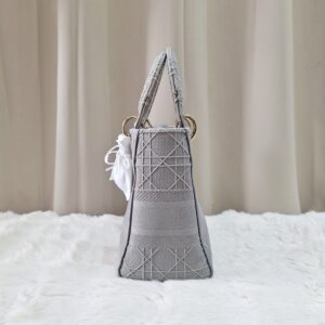 Christian Medium Lady D-Lite Bag Gray Cannage Embroidered Canvas
