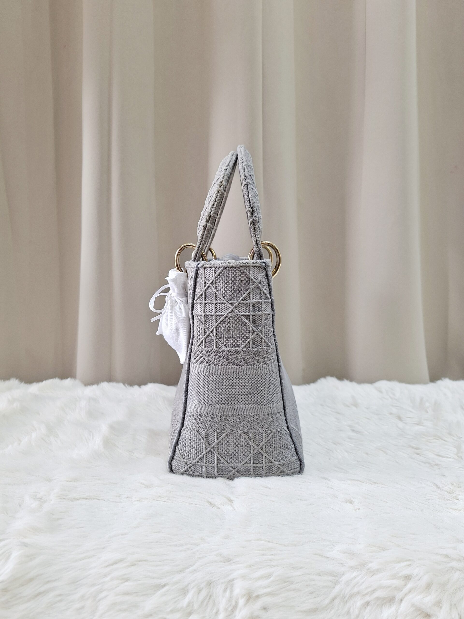 Christian Medium Lady D-Lite Bag Gray Cannage Embroidered Canvas Christian Medium Lady D-Lite Bag Gray Cannage Embroidered Canvas