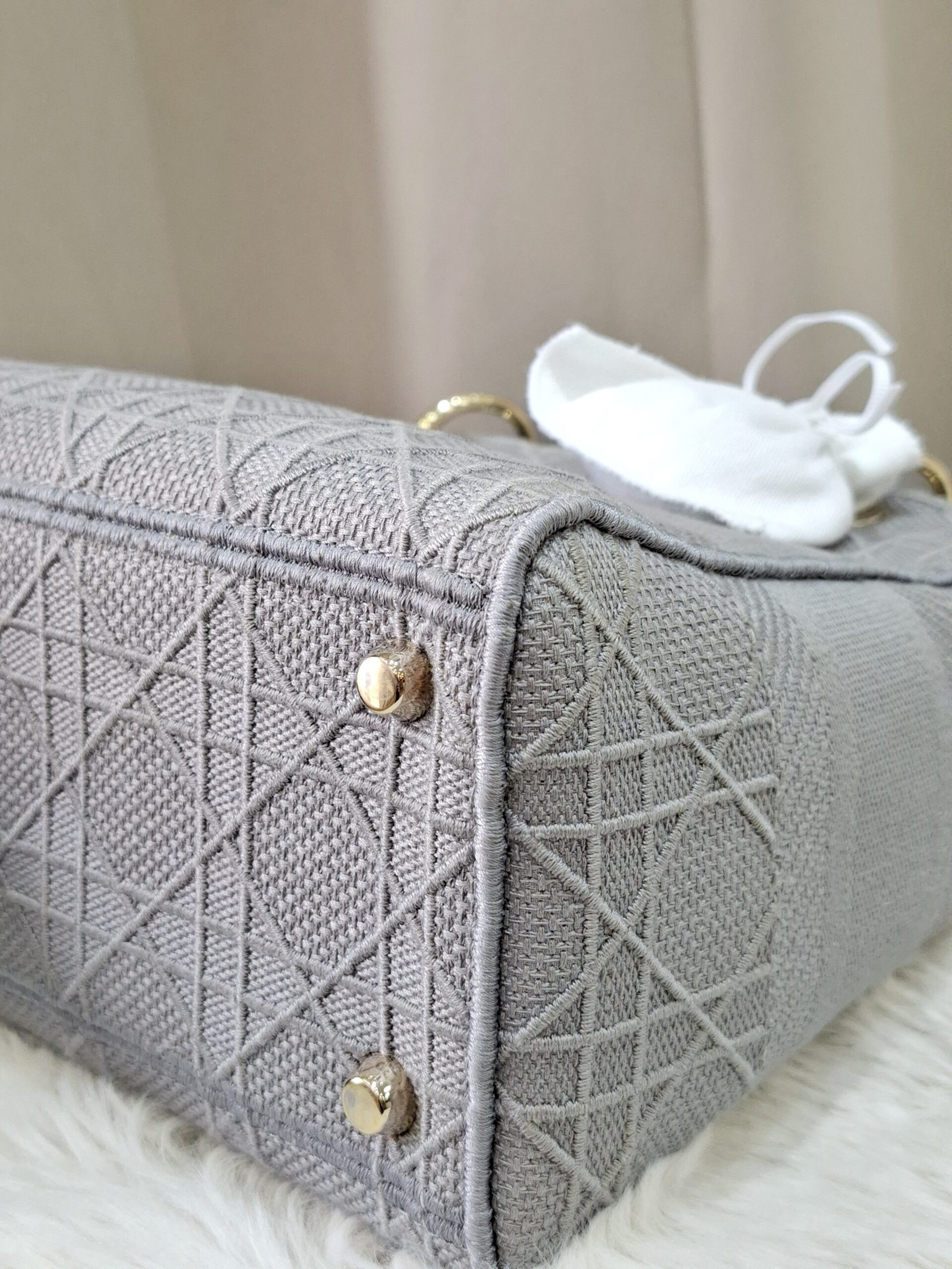 Christian Medium Lady D-Lite Bag Gray Cannage Embroidered Canvas Christian Medium Lady D-Lite Bag Gray Cannage Embroidered Canvas