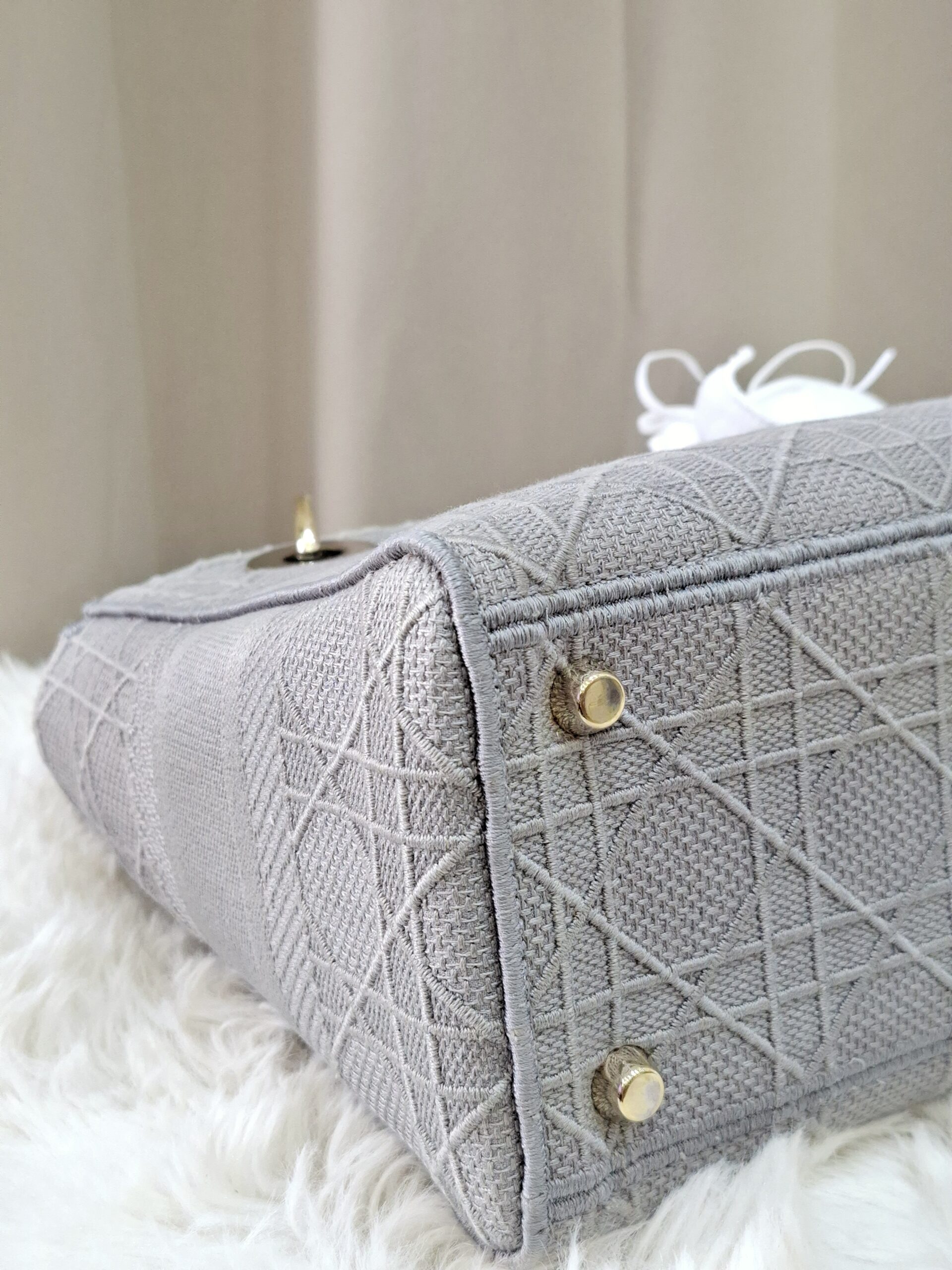 0011275 (8) Christian Medium Lady D-Lite Bag Gray Cannage Embroidered Canvas