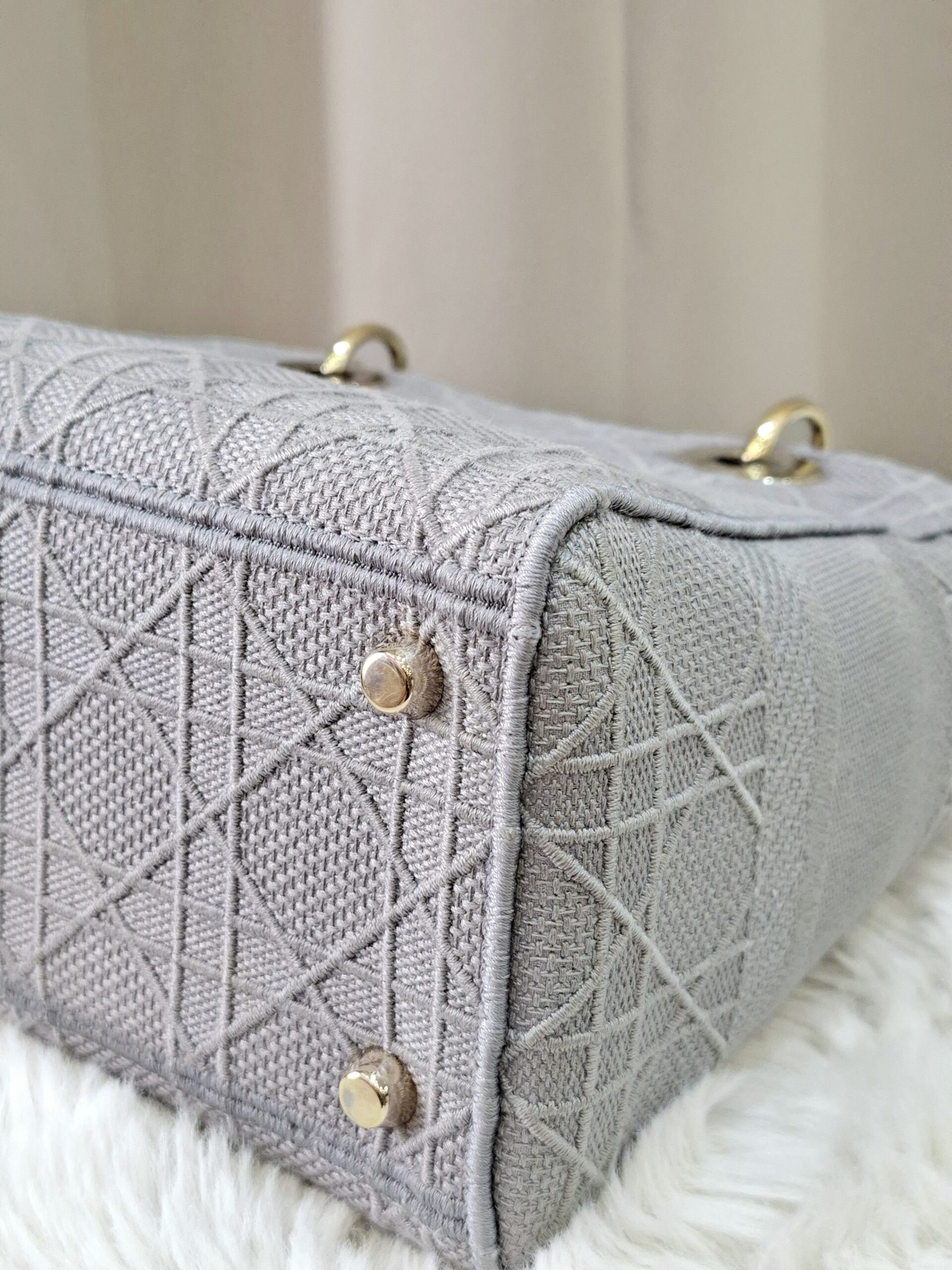 Christian Medium Lady D-Lite Bag Gray Cannage Embroidered Canvas Christian Medium Lady D-Lite Bag Gray Cannage Embroidered Canvas